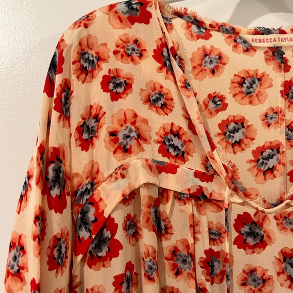 Rebecca Taylor Floral Print 3/4 Sleeve Silk Blouse Peach and Blue - Picture 2 of 4